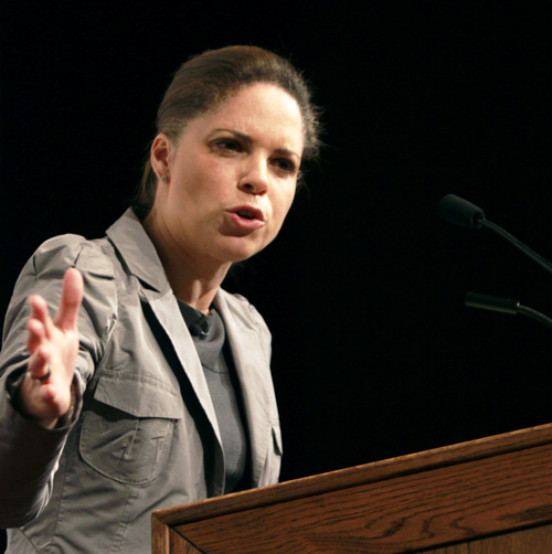 Soledad O'Brien, CNN News correspondent, gives a speech in the Kent State Student Center Ballroom about diversity and overcoming its challenges on Thursday. Photo by Lindsay Frumker.