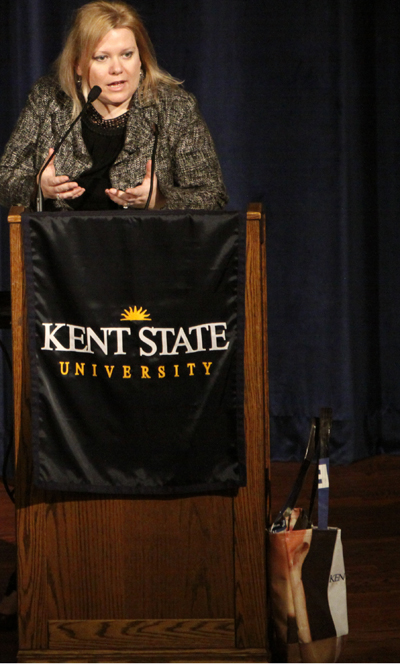 Lisa Clarke, a Kent State alumna, speaks to more than 150 women in the ballroom on Thursday. Clarke is currently president and chief executive officer of Rally Marketing Group, a leading Seattle-based integrated marketing and promotions agency. Photo by Nikolas Kolenich.