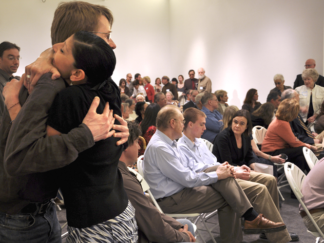 Freinds and family gather in Kent State art gallery to commemerate the life of Craig Lucas, a professor of the arts, Sunday. Lucas taught at Kent State for more than 30 years.. Photos by Megann Galehouse.