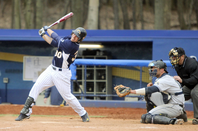 Senior outfielder Ben Klafczynski hits a double during Wednesday's game against Pittsburgh at Schoonover Stadium. Kent State defeated Pittsburgh by a score of 9-5 to earn their sixth win in a row.. Photo by Anthony Vence.