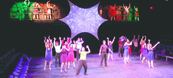 Students perform a musical number from "Chicago" during a rehearsal for the EZ Black Box Theatre dedication in the Music and Speech Center on Wednesday. The theatre is being dedicated to former theater professors Louis Erdmann and William Zucchero on Friday. Photo by Jessica Yanesh.