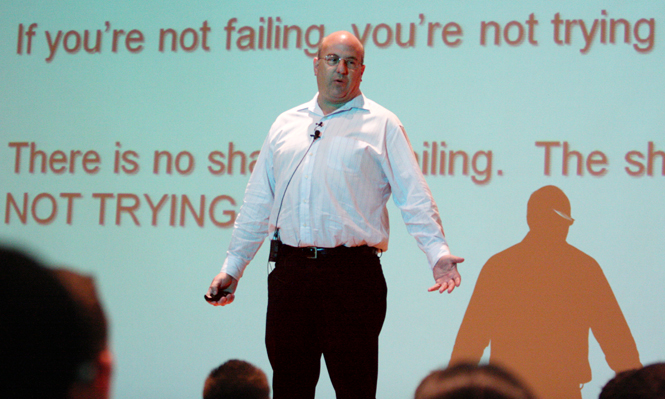 Jeff Hoffman--founder of Priceline.com--speaks on entreprenuership in the Kiva on Monday. Hoffman highlighted several key qualities every self-starter must have including the drive to "get off the couch" and no fear of potential failures. Photo by Valerie Brown.