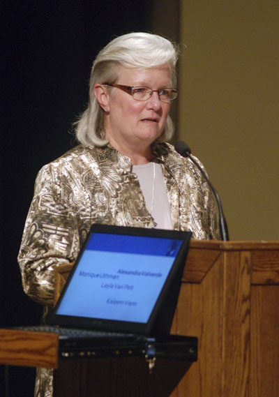 Dr. Sheryl E. Smith gives opening remarks at the Oscar Ritchie Scholarship Induction Ceremony at the Kiva on Thursday. Photo by Matt Hafley.