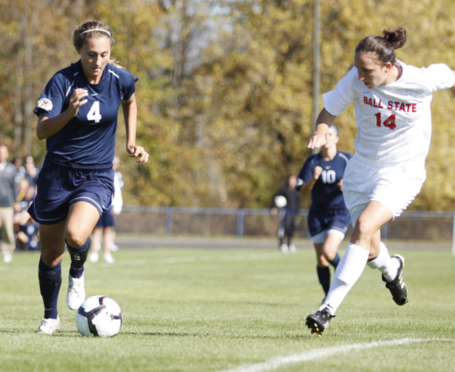 Sophomore forward Jessacca Gironda moves the ball up the field last year against Ball State. Photo by Jessica Yanesh.