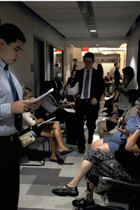 Students rehears while waiting to audition for a place on TV2 Wednesday, Aug.31. Photo by Megann Galehouse.