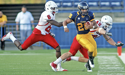 Freshman running back Anthony Meray is rushed out of bounds during the Flashes victory Saturday over South Alabama, 33-25. Photo by Matt Hafley.