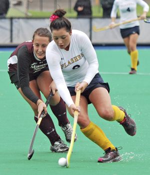 Sophomore midfielder Rebecca Lee carries the ball downfield during Kent's 3-1 loss against Missouri State. Photo by Matt Hafley.