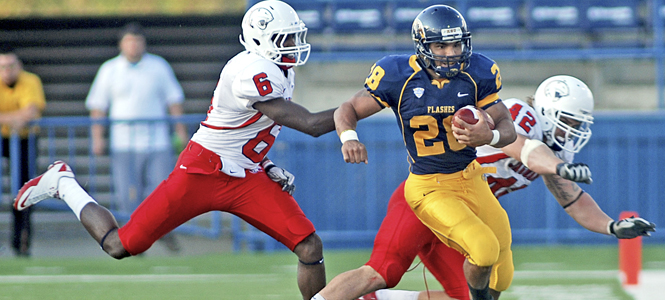 Freshman running back Anthony Meray is rushed out of bounds during the Flashes victory over South Alabama, 33-25. Photo by Matt Hafley.