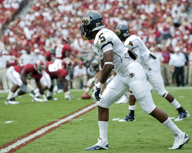 Junior wide receiver Tyshon Goode prepared for the ball to be snapped in the Flashes' 48-7 loss at Alabama on Sept. 3. Photo by Drew Hoover.