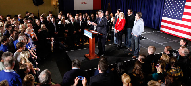 Mitt Romney delivers speech following the Iowa caucus voting on Tuesday, January 3, 2012, in Des Moines, Iowa. The voting was the closest in history with the lead changing hands between Romney and challenger Rick Santorum. Photo by Christopher Gannon, MCT.