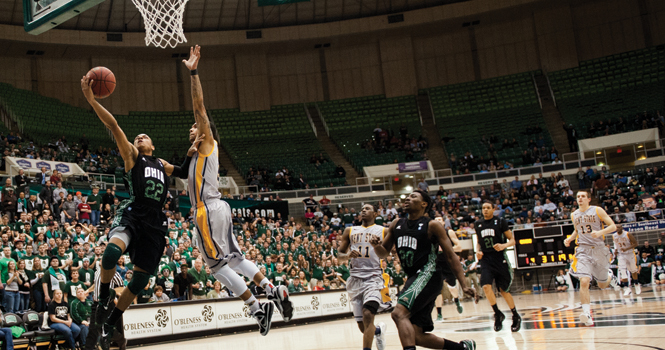 Ohio's Stevie Taylor goes up for a basket during the Bobcats' game against Kent State on Wednesday, January 18. The Bobcats defeated Kent 87-65. Photo courtesy of Brien Vincent