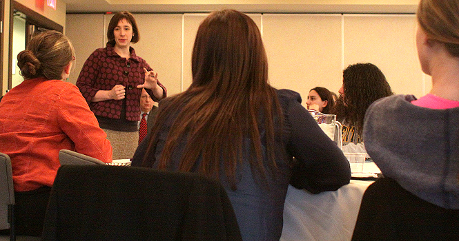 Sarah Lefton, daughter of Kent State President Lester Lefton, spoke at a dinner in the Cohn Jewish Studies Center on Feb 20. Sarah Lefton talked about how she is able to pursue a creative career in animation. Photo by Brian Smith.