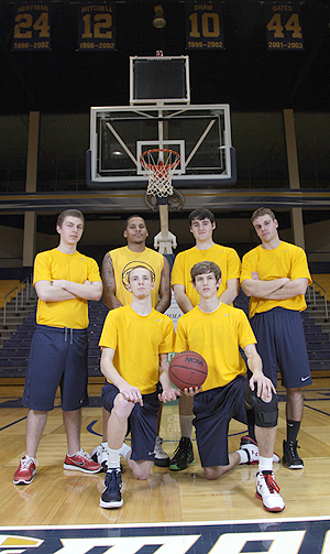 The six men who practice with the women’s basketball team: Jeff Trottier, Bill Gould, Mark Gockowski, Martell Brown, Nick Datilio and Kyle Bowen. Photo by Brian Smith.