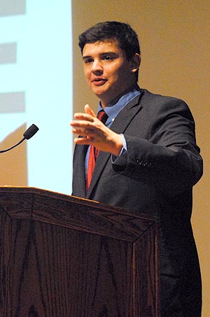 Junior political science major Bryan Staul speaks to attendees of the Ohio College Democrats Winter Conference on Saturday, Jan. 28 in the KIVA. Staul is president of the Kent State University College Democrats. Photo by Jenna Watson.