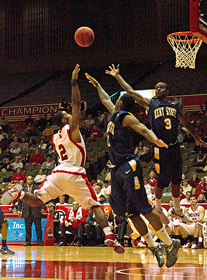 Senior guard Carlton Guyton recovers the ball against the College of Charleston Cougars on Saturday, Feb. 18. Guyton scored 13 points against Miami on Feb. 21. Kent fell to Miami 62-60 at the away game. Photo by Matt Hafley.