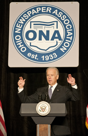 Vice President Joe Biden spoke at the Ohio Newspaper Association Convention on Thursday, February 9, in Columbus, Ohio. "America is coming back," said Biden, "and America will continue to be second to no other country in the world." Photo by Philip Botta.