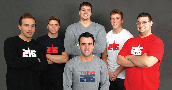 Michael Moses, front center, is the founder of the clothing company Brand 216. Friends, from left to right, Danny Sciuva, Joe Sciuva, Tony Mancuso, Chris Humphries and Matt Bloom help Moses promote his clothing line. Photo by Grace Jelinek.