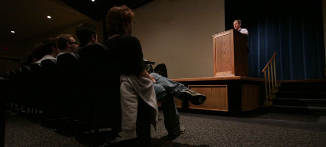 Former Delta Lambda Phi member Erik Marsh speaks at the KIVA on March 2. Marsh was speaking to his former fraternity brothers about his experiences with Delta Lambda Phi. Photo by Brian Smith.