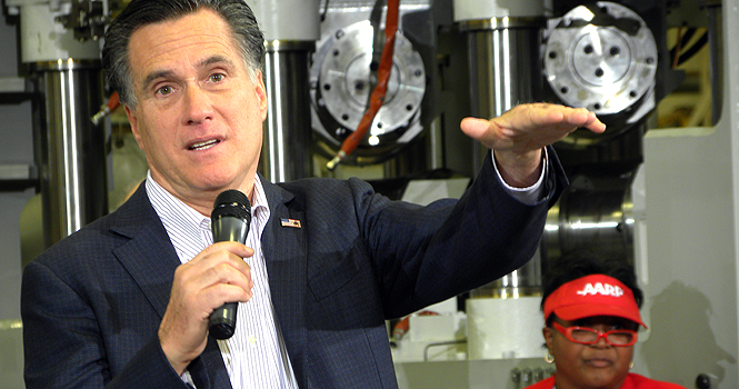 Mitt Romney addresses the crowd in Youngstown Monday afternoon. He highlighted agenda points such as reforming government healthcare and shrinking the size of government. Photo by Britni Williams.