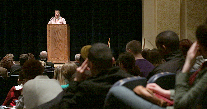 Debra Simmons, editor of the Plain Dealer, speaks at the KIVA on March 26 as the guest lecturer for Stand for Diversity. Simmons is the 2012 recipient of the Robert G. McGruder Distinguished Guest Lecture Award. Photo by Brian Smith.