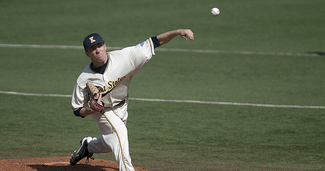 Sophomore pitcher Michael Clark pitches to a Toledo Rocket player during the game on Tuesday. The Flashes lost to the Rockets in extra innings 4-3. Photo by Coty Giannelli.