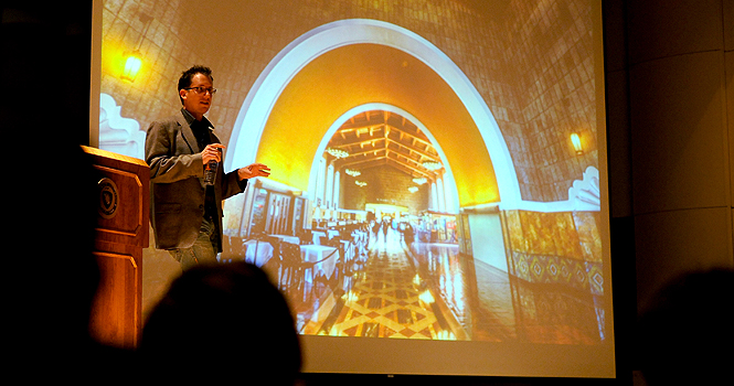 Trey Ratcliff, 40, of Austin, TX spoke to Kent State students at Cartwright Auditorium on Thursday, March 29. Ratcliff came to Kent State University as part of the Presidential Speaker Series and spoke about emerging digital media and High Dynamic Range photography. Photo by Kristin Bauer.