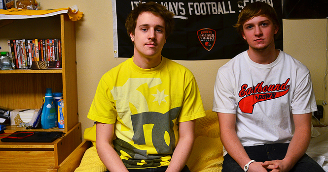 Sean Faska, a freshman electronic media major and Joel Shaver, a sophomore aeronautics major, sit inside their dorm on March 7. The two used Facebook to get to know one another before moving in. Photo by Jacob Byk.