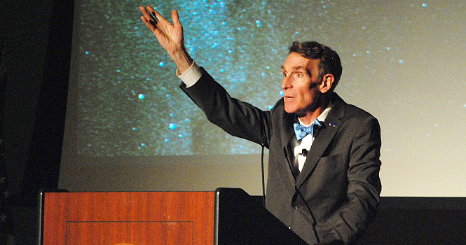 "And dare I say, change the world!" said Bill Nye at Kent State's Stark campus during his presentation "The Earth is a Great Home, But We Have to Make Some Changes," March 6. Photo by Grace Jelinek.