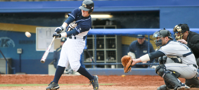 Freshman outfielder T.J. Sutton makes contact with the ball during Wednesday's game against Pittsburgh at Schoonover Stadium. Kent State defeated Pittsburgh by a score of 9-5 to earn their sixth win in a row. Photo by Anthony Vence.