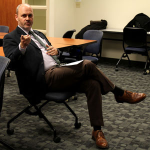 Provost Todd Diacon speaks at the Honors College on April 11. Diacon talked about his background and answered students' questions about the raised tuition rates. Photo by Adrianne Bastas.