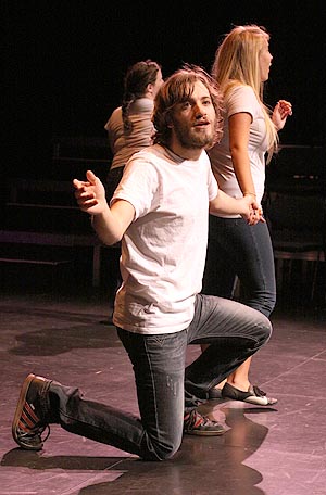 Mike Breen and Taylor Bryan perform “Dissonance” for the Student Theater Festival in the EZ black box theater. Eight plays written by and performed by students will open tonight at 8 p.m. and will run until Saturday. Photo by Brian Smith.