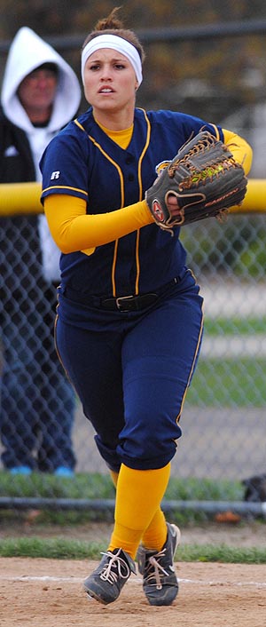 Senior first baseman Shannon Laughlin threw the ball from first during the Flashes' game against Eastern Michigan on Saturday, March 31. Kent State won with a final score of 6-1. Photo by Jenna Watson.