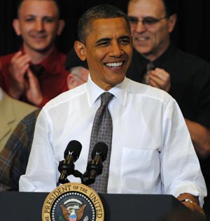 President Barack Obama spoke to Lorain County Community College on Wednesday, April 18. Obama addressed the issue of job training and its importance to America in a closed speech aimed at the students of the college. Photo by Jenna Watson.