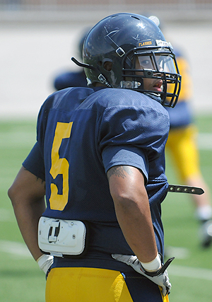 Defensive lineman Roosevelt Nix takes a break from a preseason practice on August 12, 2011. Nix was also the first freshman ever to be named as the MAC Defensive Player of the Year. File photo by Philip Botta.