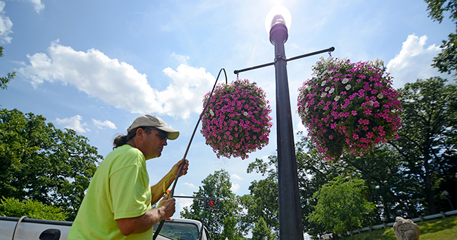 "Just trying to keep them alive," said grounds keeper Doug Karaffa as he waters hanging flower baskets on the Esplande on July 17. In the midst of a lack of rain that northeast Ohio has been receiving, Karaffa said he goes through 800-1000 gallons of water a day watering plants and flowers across campus. "Never had a drought this bad," Karaffa said. Photo by Matt Hafley.