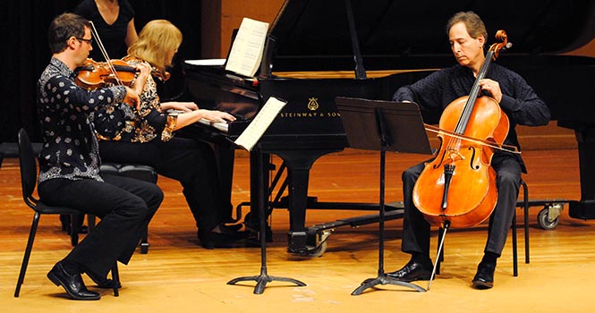 Members of the Cleveland Orchestra performed the opening number of "Romance and Rhapsodies", the second concert of the Kent/Blossom Summer Music festival, in the Ludwig Recital Hall on Wednesday, July 11. The concert included Three Romances by Clara Schumann, Two Rhapsodies by Loeffler and B major Piano Trio by Brahms. Photo by Jenna Watson.