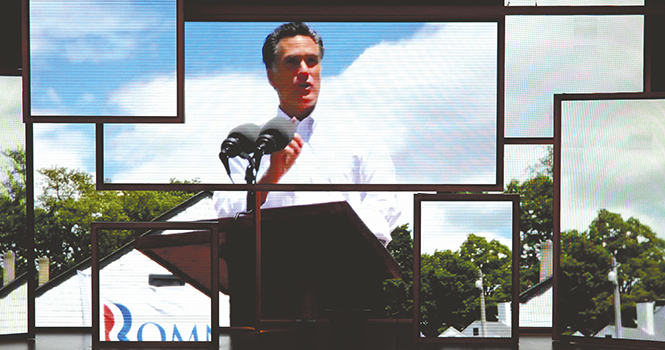 Republican presidential candidate Mitt Romney is shown on a bank of video monitors on the opening day of the Republican National Convention on Monday, August 27, 2012, at the Tampa Bay Times Forum in Tampa, Florida. Photo courtesy of MCT Campus.