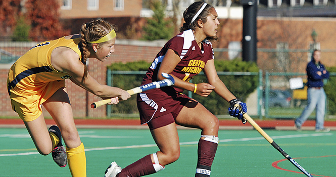 Sophomore midfielder Alyssa McFerren attempts a shot on goal against Central Michigan during the MAC title semi-finals on Friday, Nov. 4 in Athens, Ohio. The Flashes beat the Chippewas 4-1. Photo by Matt Hafley.