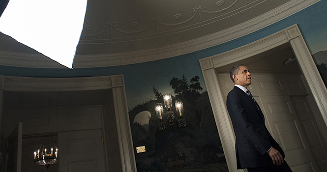 President Barack Obama arrives to speak to the media about preparations for Tropical Storm Isaac from the White House Diplomatic Room in Washington, D.C., on Tuesday, August 28, 2012. Photo courtesy of MCT Campus.