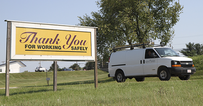 Fleet Services employees leave the University Facilities Management complex located on Summit Street August 31. Photo by Shane Flanigan.