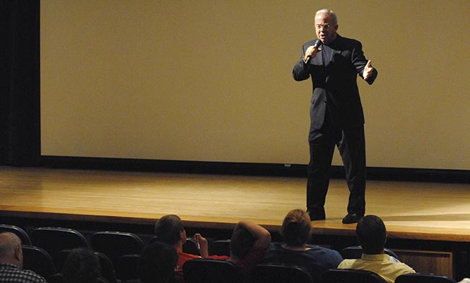 CEO of Sojourners, a national nonpartisan Christian organization, Jim Wallis, speaks at the KIVA on Thursday, Sept. 13. Wallis's presentation was titled “The Politically Engaged Believer: Morals, Ethics and Social Justice in the 2012 Election”, drawing a diverse crowd. Photo by Jenna Watson.