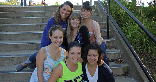 Front row Hannah Seibert junior special education major, Jenn Jones junior psychology and business major, Cara Amato junior human development and family studies major and second row Krystin Smith fifth year senior art education major, Alyssa Nett junior art education major and Allison Smith junior textiles major are sisters in the sorority Sigma Sigma Sigma. The girls are excited for recruitment weekend starting September 20. Photo by Grace Jelinek.