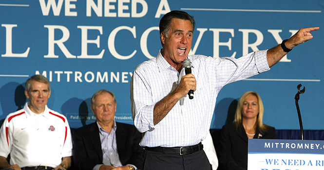 Republican presidential candidate Mitt Romney waves to the crowd at Westerville South High School in Westerville, Ohio on Wednesday, September 26, 2012. Also in attendance: from left, Sen. Rob Portman, R-Ohio; Jack Nicklaus; Ohio Gov. John Kasich; and Ohio State Rep. Anne Gonzales. Photo by Brooke LaValley/Columbus Dispatch/MCT.