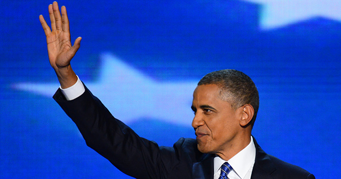 President Barack Obama waves to the delegates at the 2012 Democratic National Convention in Times Warner Cable Arena Thursday, September 6, 2012 in Charlotte, North Carolina. Photo by Harry E. Walker/MCT.