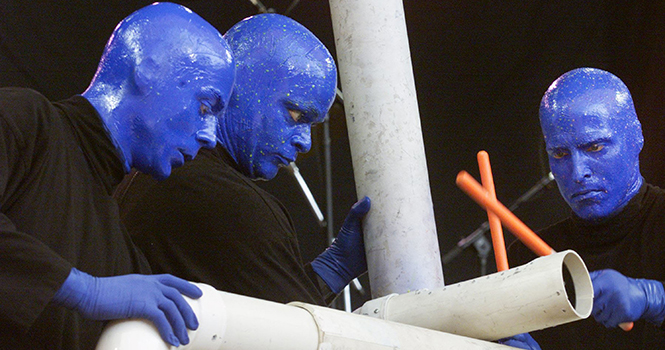 Members of the Blue Man Group play unique instruments made from plastic pipes, flexible poles and other unusual objects. Photo courtesy of MCT Campus .