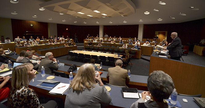 President Lefton spoke at the faculty senate meeting, the first of the year, on Sept. 10. "We are building a college town", Lefton said in regards to the recent expansion of downtown Kent and the University Esplanade. Photo by Jacob Byk.