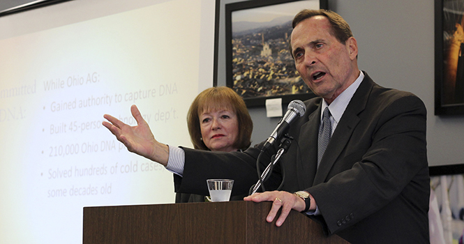 Former Attourney General of Ohio Jim Petro and his wife, Nancy Petro, talk about their co-authored book, "False Justice: Eight Myths that Convict the Innocent" at Kent Speaks in the Library on Sept. 28. Photo by Adrianne Bastas.