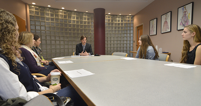 J.R Cambell, director of the School of Fashion Design and Merchandising, speaks with his newly appointed student advisory board on Oct. 18 Photo by Jacob Byk