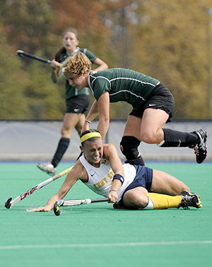 Sophomore midfielder Hannah Faulkner hits the ground during Kent State's game against Michigan State University Sunday afternoon. File Photo by Hannah Potes.