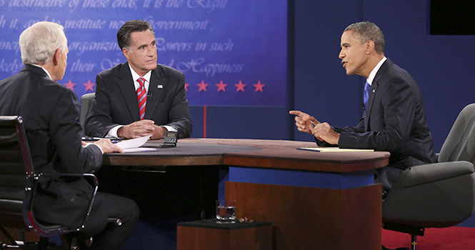 TPresident Barack Obama, right, and Mitt Romney, second from left, participate in their third presidential debate with moderator Bob Schieffer at Lynn University in Boca Raton, Florida on Monday, October 22, 2012. (Richard Graulich/Palm Beach Post/MCT).